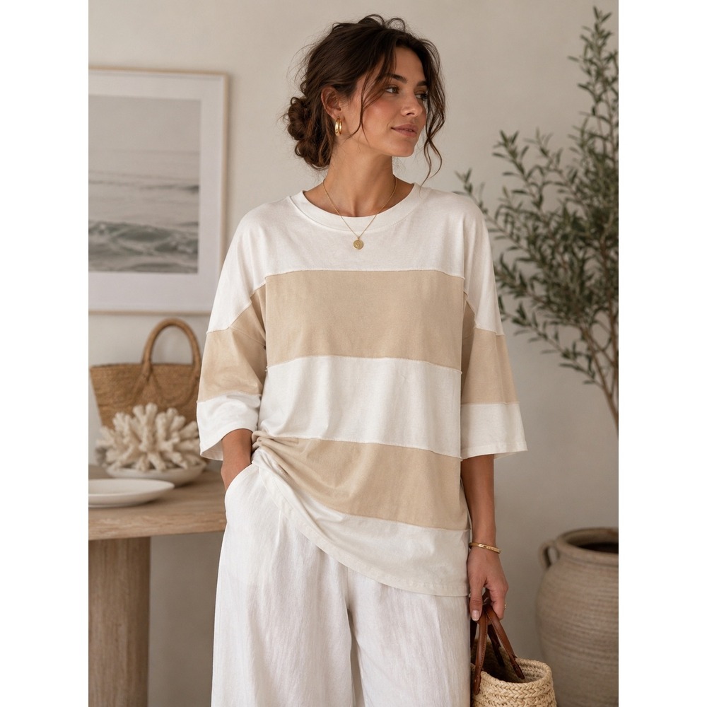 Aemi + Co Polly Color Block Top Neutral Coastal Grandmother Relaxed Medium